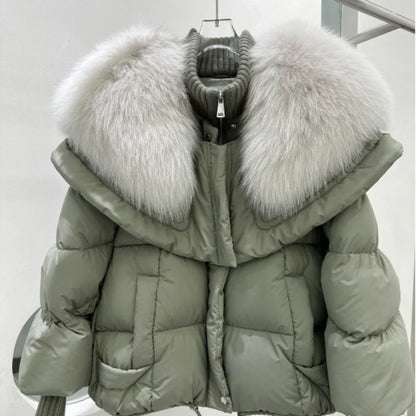 High-end Fox Fur Collar White Duck Down Short Down Jacket Female Light Luxury Loose And Warm Puffer Jacket Coat - Gizmo Galaxy