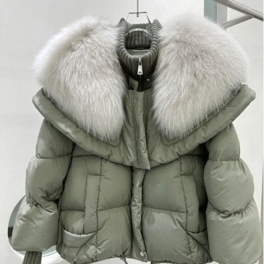 High-end Fox Fur Collar White Duck Down Short Down Jacket Female Light Luxury Loose And Warm Puffer Jacket Coat - Gizmo Galaxy