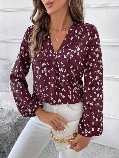 Women's V-Neck All-Over Print Elegant Long Sleeve Blouse,Long Sleeve Tops - Gizmo Galaxy