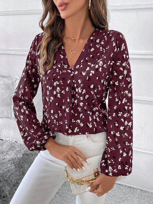 Women's V-Neck All-Over Print Elegant Long Sleeve Blouse,Long Sleeve Tops - Gizmo Galaxy
