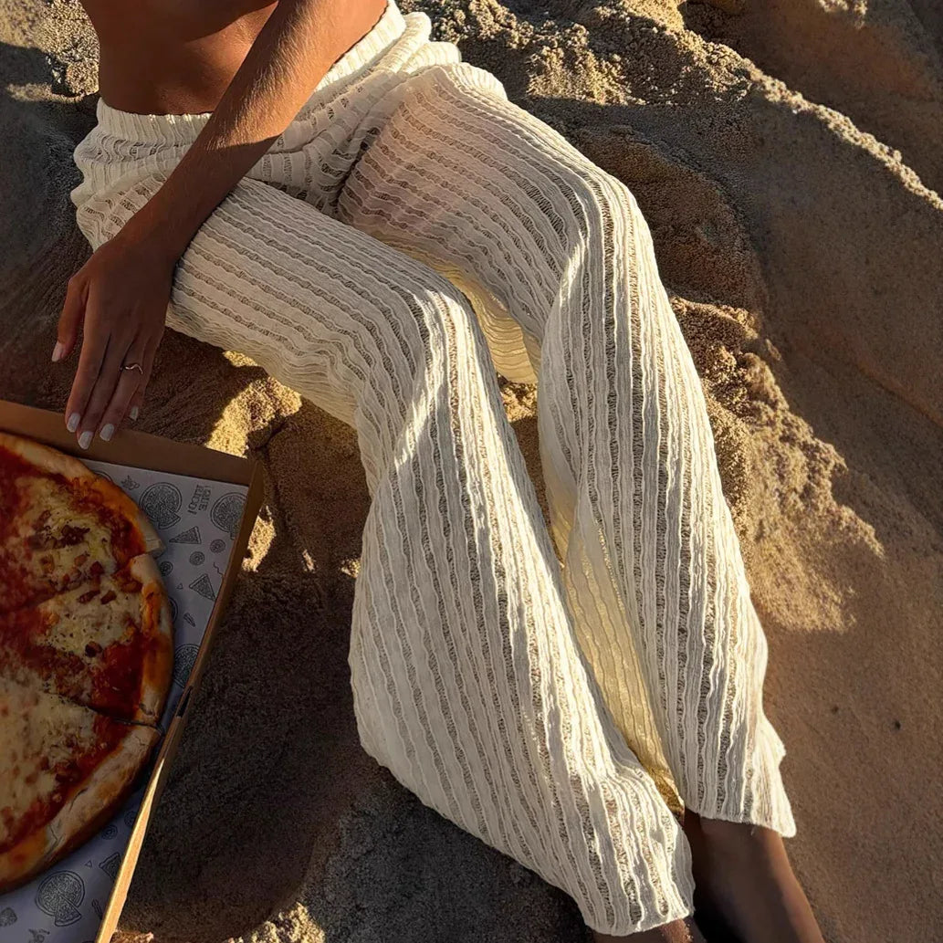 Resort-style Textured Hollow-out Loose-fitting Solid-color Casual Pants - Gizmo Galaxy