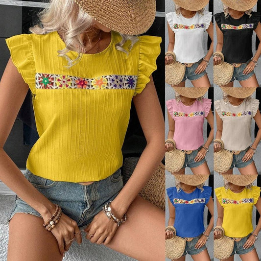Women's Ruffle Short Sleeve Summer Tops Cute Crew Neck Floral Crochet Blouses Shirts - Gizmo Galaxy