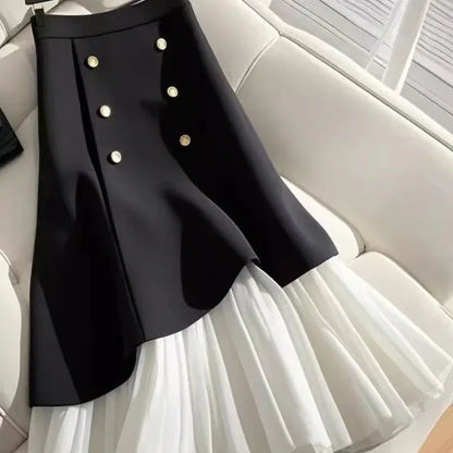 Irregular Splicing Half Skirt With Buttons - Gizmo Galaxy
