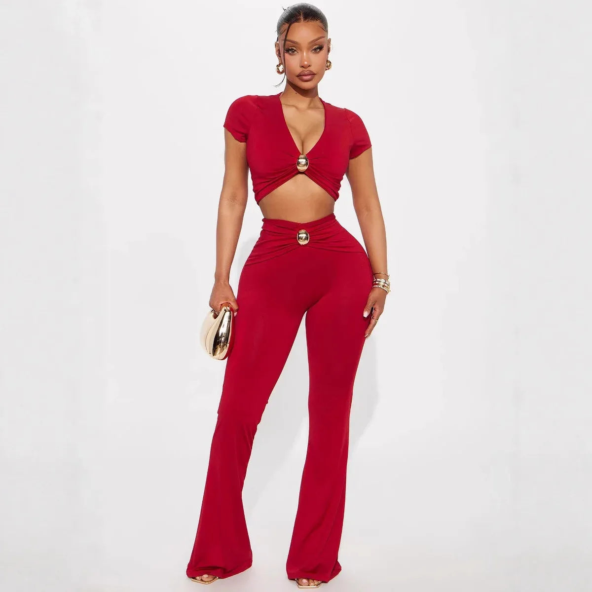 Low-cut V-neck Short-sleeved T-shirt Top With Hardware Waist-length Bodycon Trousers Set - Gizmo Galaxy