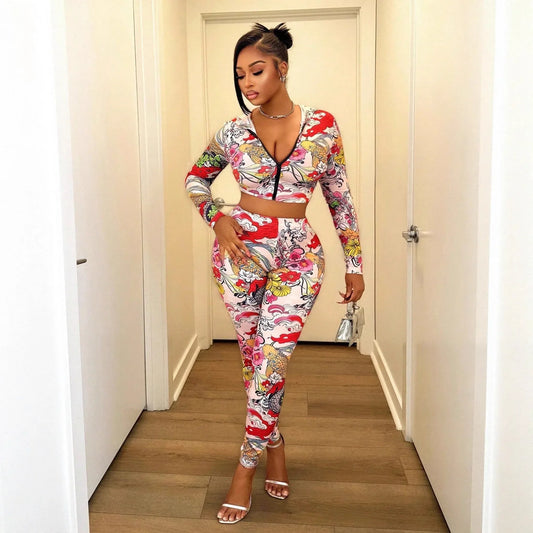 Women's Fashion Hooded Printed Top And Waist-length Sexy Pants Set - Gizmo Galaxy