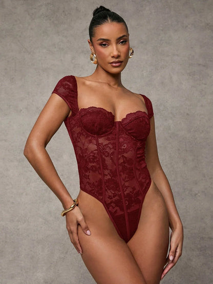 Sexy Short-sleeved Black Square-neck Bodysuit Sheer - Gizmo Galaxy