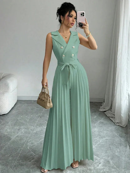Suit Collar Bow Tie Belted Waist Pleated Jumpsuit - Gizmo Galaxy