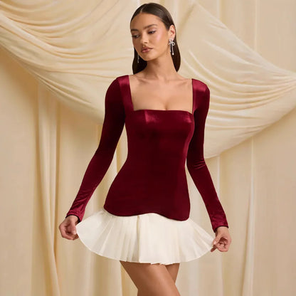 Personality Square Collar Pleated Stitching Skirt Woman - Gizmo Galaxy