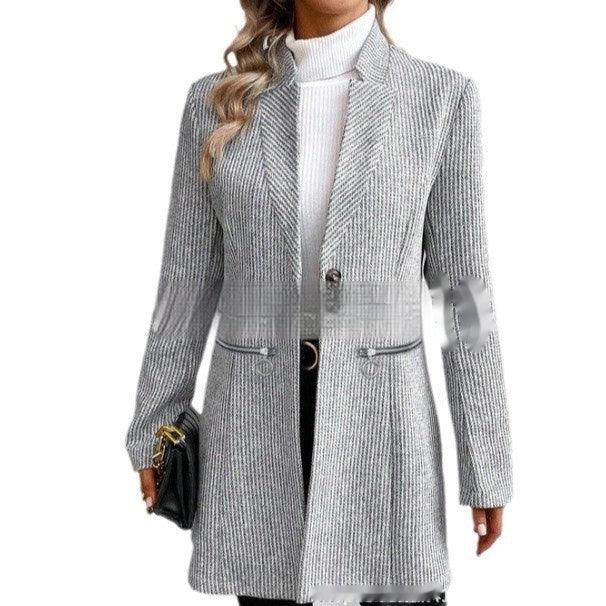 European And American Leisure Vertical Pattern Women's Woolen Jacket Zipper - Gizmo Galaxy