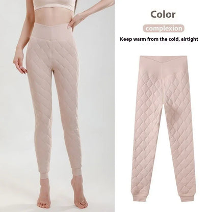 Warm Thickened Cashmere Leggings Winter Rhombus Stitching Pants Outerwear High Waist Slim Trousers Women Clothing - Gizmo Galaxy