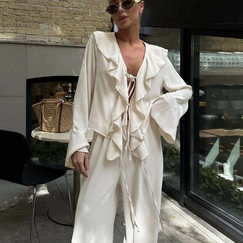 V-neck Ruffled Long-sleeve Shirt And High-waist Wide-leg Pants Two-piece Set - Gizmo Galaxy