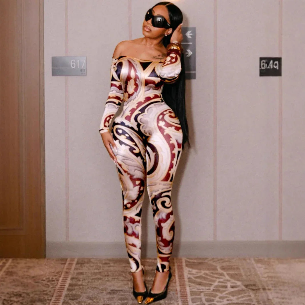 Sexy Print Off-shoulder Cinched Bodycon One-piece Trousers - Gizmo Galaxy