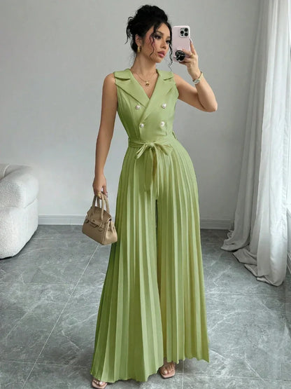Suit Collar Bow Tie Belted Waist Pleated Jumpsuit - Gizmo Galaxy