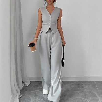 Elegant Button-front Sleeveless Vest And Trousers Set - Gizmo Galaxy