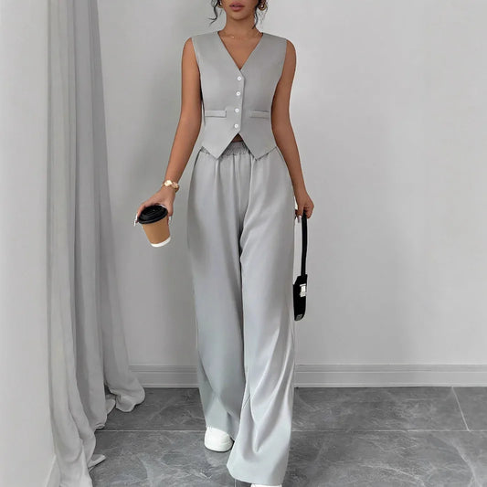 Elegant Button-front Sleeveless Vest And Trousers Set - Gizmo Galaxy