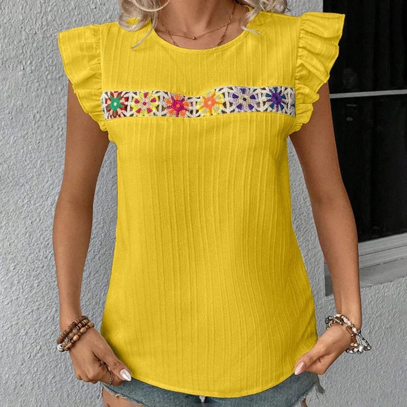 Women's Ruffle Short Sleeve Summer Tops Cute Crew Neck Floral Crochet Blouses Shirts - Gizmo Galaxy