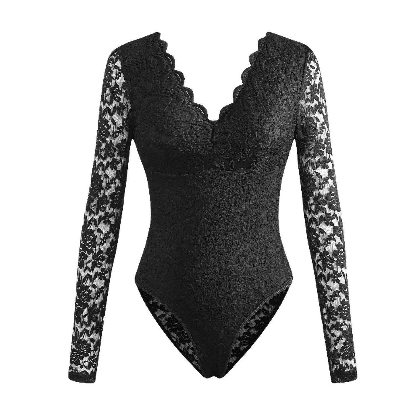 Sexy Solid-Color Lace Long-Sleeve Sheer Bodycon Jumpsuit - Gizmo Galaxy