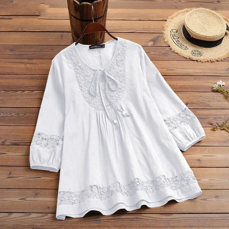 New Spring Autumn Cotton Hemp Splicing Lace Style Three Quarter Sleeve Loose Women's Top T-shirt - Gizmo Galaxy