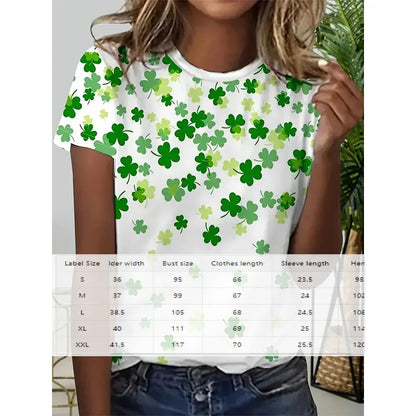 Women's Stylish Shamrock Pattern Crew Neck Tee - Breathable Summer Casual Top - Gizmo Galaxy