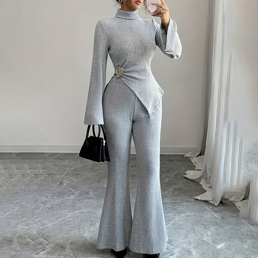 Womens 2 Piece Outfits Turtleneck Matching Lounge Set Flare Sleeve Asymmetrical Top & Wide Leg Pants - Gizmo Galaxy