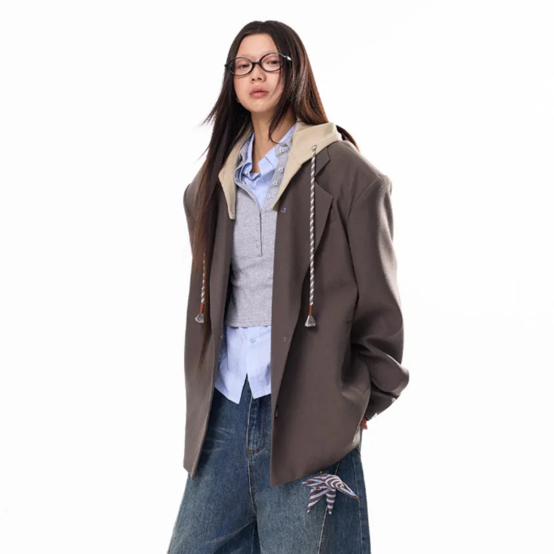Hooded Patchwork Boyfriend Style Suit Jacket For Women - Gizmo Galaxy