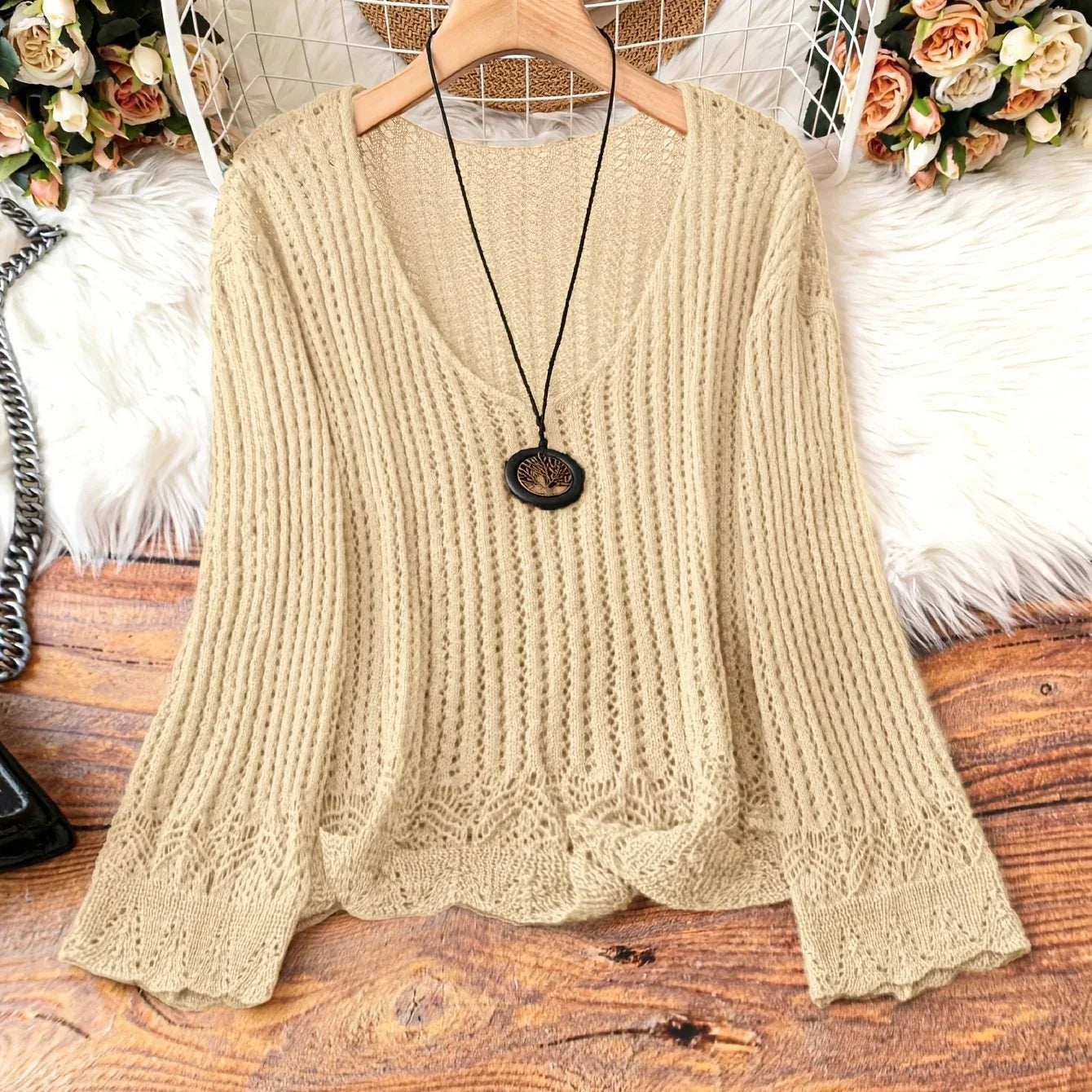 Hollow-out Spring And Summer Long Sleeves Knitted V-neck Plus Size Women's Long-sleeved Sweater - Gizmo Galaxy
