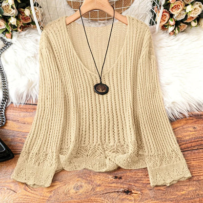 Hollow-out Spring And Summer Long Sleeves Knitted V-neck Plus Size Women's Long-sleeved Sweater - Gizmo Galaxy