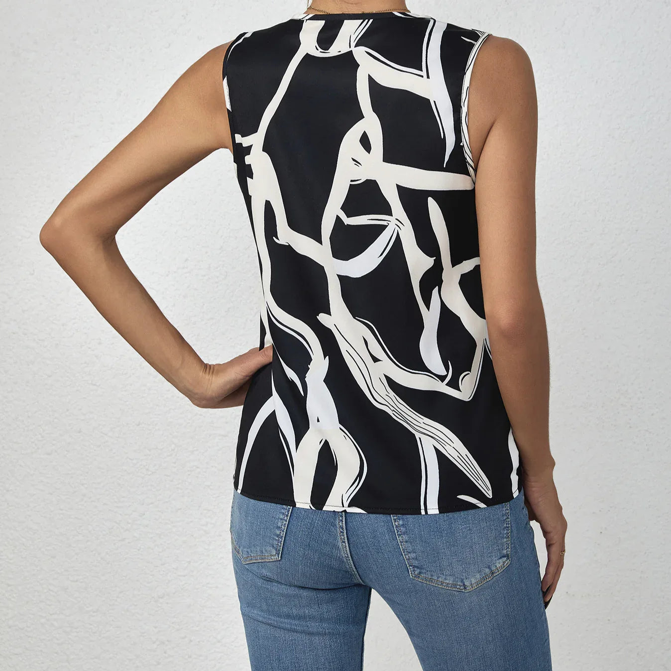 Ladies' Striped Printed Deep V-neck Off Shoulder Pleated Decorative Fashion Vest - Gizmo Galaxy