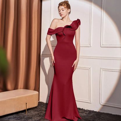 High-end Slant Shoulder Slimming Long Dress - Gizmo Galaxy