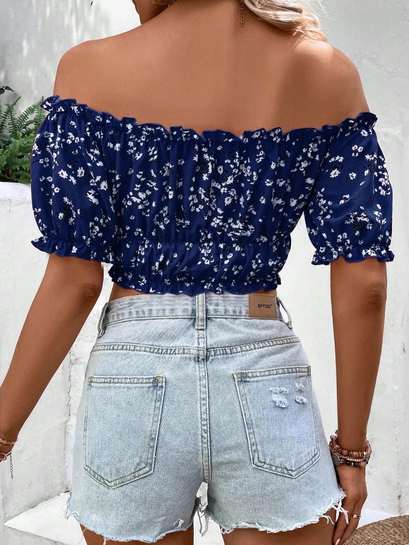 Women Vacation Style Casual Off-Shoulder Elastic Cropped Top With Floral Print - Gizmo Galaxy