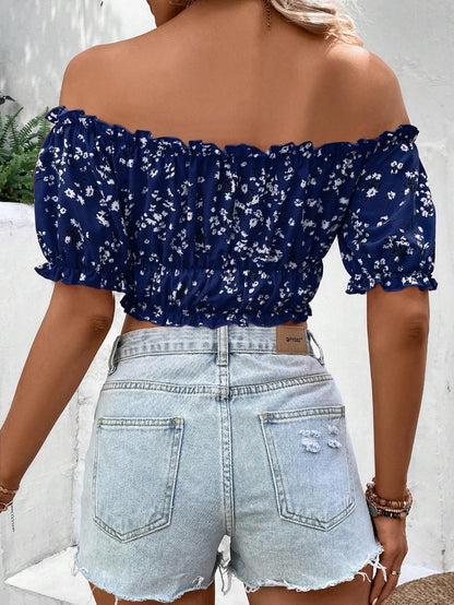 Women Vacation Style Casual Off-Shoulder Elastic Cropped Top With Floral Print - Gizmo Galaxy