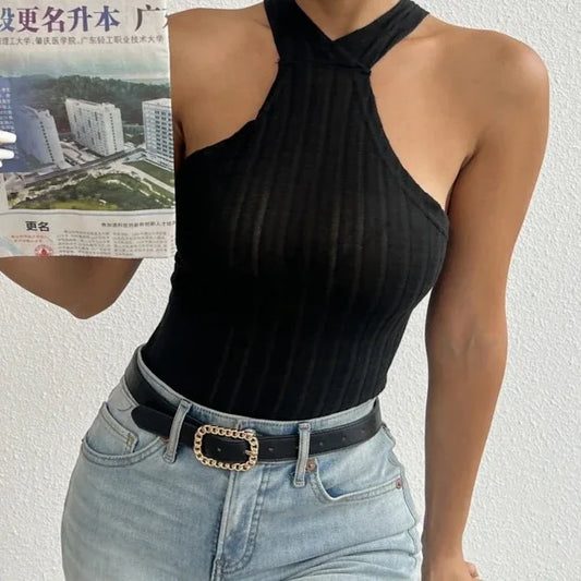 Ladies' Solid Color Fashionable Cross Tie Design, Backless Sexy Slim Fit Camisole Top - Gizmo Galaxy