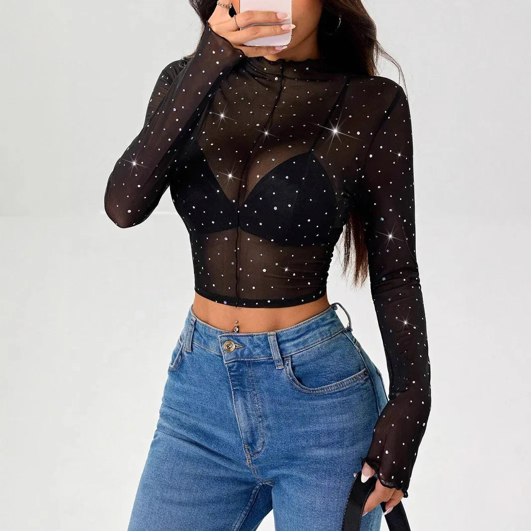 Stand-up Collar Long-sleeved Mesh Transparent Sequined Decorative T-shirt Top - Gizmo Galaxy