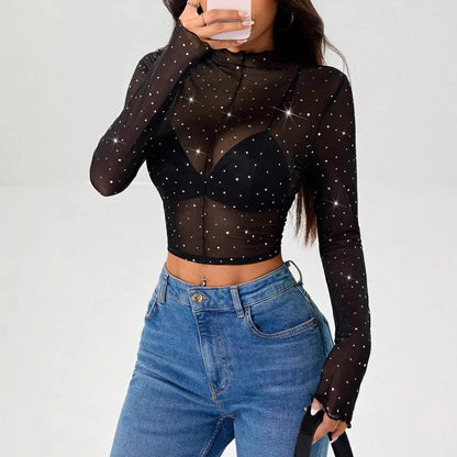 Stand-up Collar Long-sleeved Mesh Transparent Sequined Decorative T-shirt Top - Gizmo Galaxy