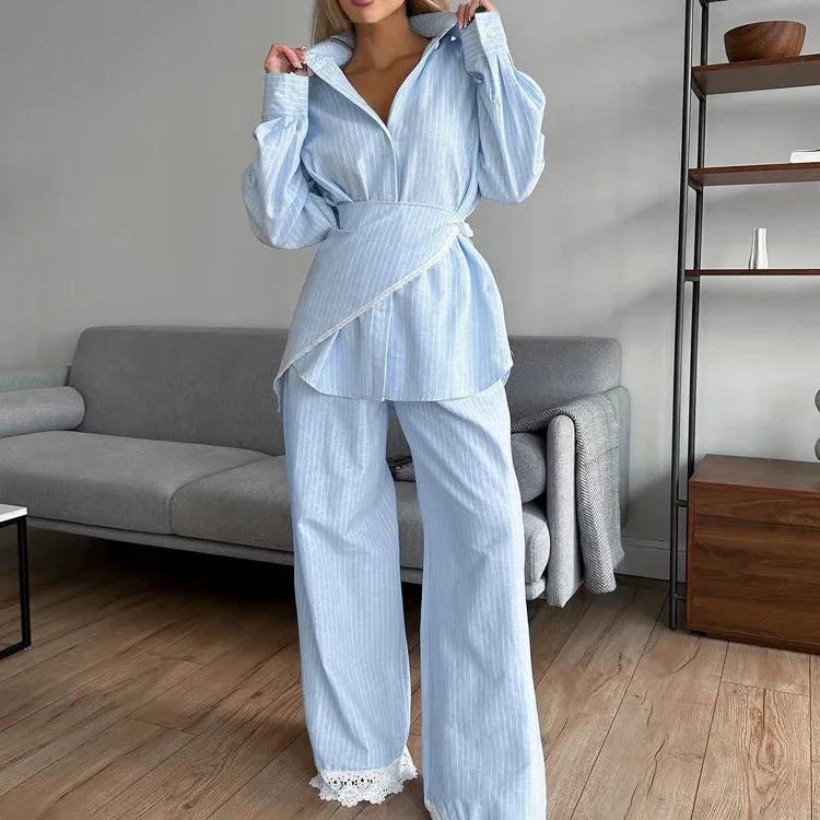 Patchwork Striped Lapel Long-sleeve Shirt Casual Wide-leg Pantsthree-piece Set - Gizmo Galaxy