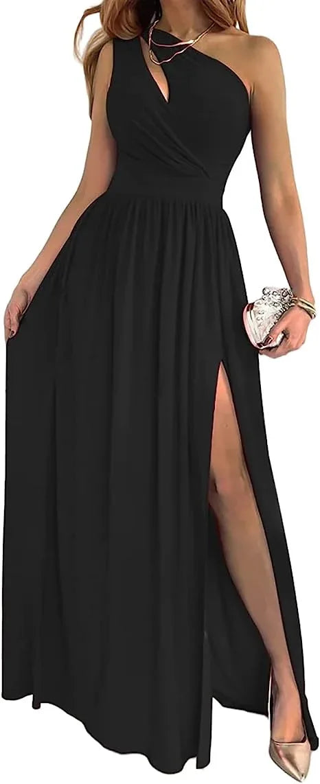 Women's One Shoulder High Split Cutout Sleeveless Elegant Sexy Cocktail Maxi Dress - Gizmo Galaxy
