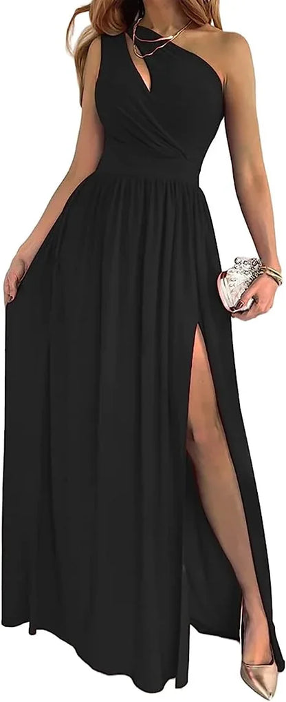 Women's One Shoulder High Split Cutout Sleeveless Elegant Sexy Cocktail Maxi Dress - Gizmo Galaxy