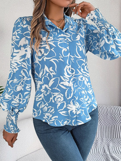 Women's Elegant Color-Blocked Floral Lantern Sleeve Lapel Shirt - Gizmo Galaxy