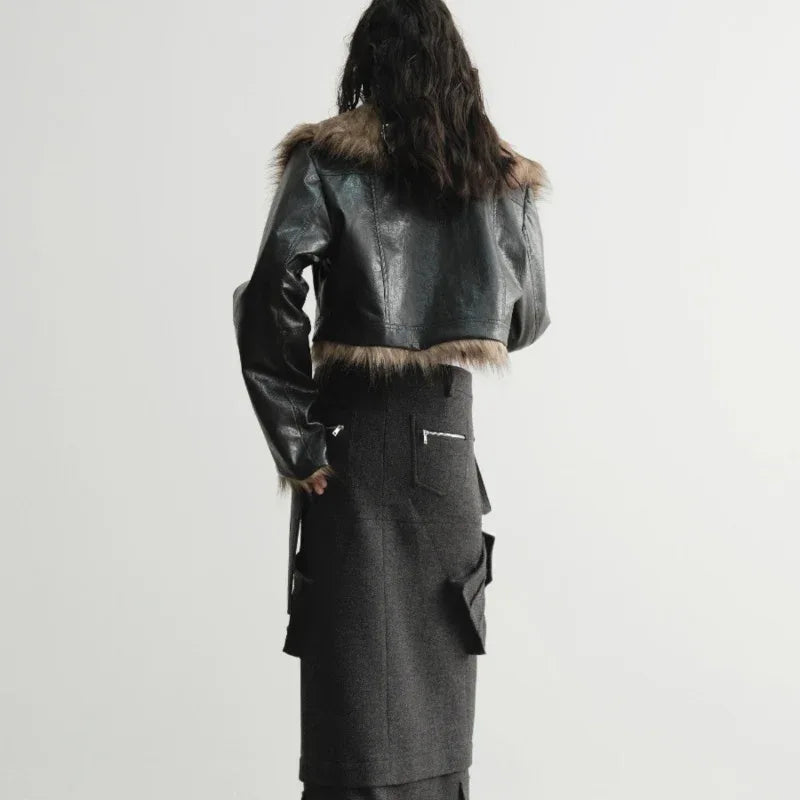 Wild Loose Feeling Fur Reverse Leather Jacket Short Coat - Gizmo Galaxy