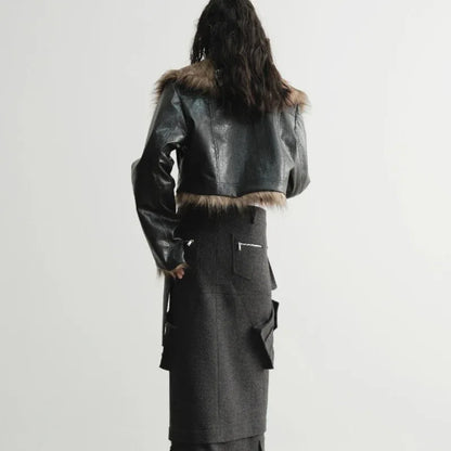 Wild Loose Feeling Fur Reverse Leather Jacket Short Coat - Gizmo Galaxy