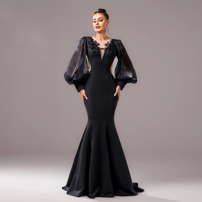 Long Sleeve Round Neck Banquet Applique Sheath Fishtail Dress - Gizmo Galaxy