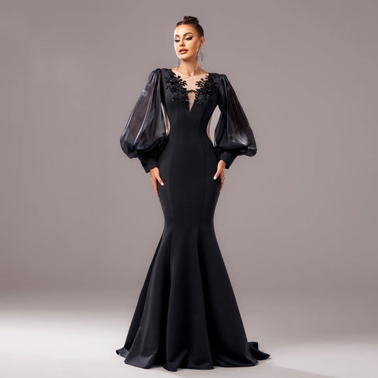 Long Sleeve Round Neck Banquet Applique Sheath Fishtail Dress - Gizmo Galaxy