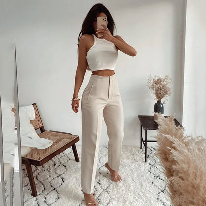Pleated Casual High Waist Pure Color Slim-fit Basic Pants - Gizmo Galaxy