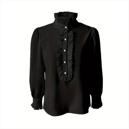 Fashionable Stand-up Collar Long-sleeved Shirt With Lotus Leaf Hem - Gizmo Galaxy