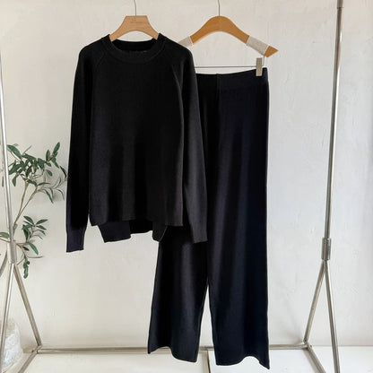 Women's Loose Knitted Long-Sleeve Crew-Neck Fashionable Wide-Leg Pants Two-Piece Set - Gizmo Galaxy