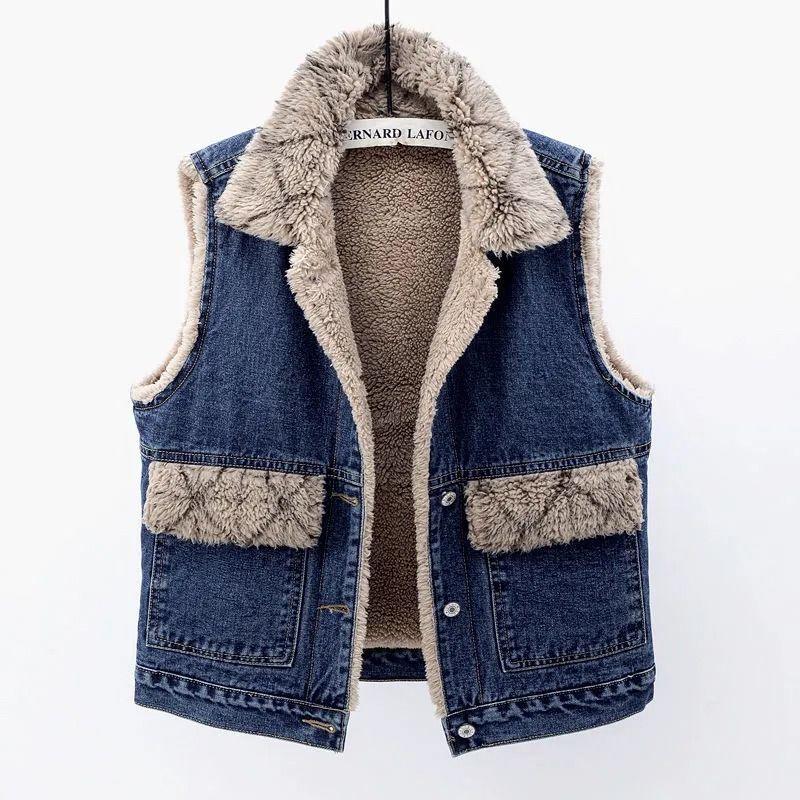 Lamb Wool Denim Cotton-padded Waistcoat Women - Gizmo Galaxy