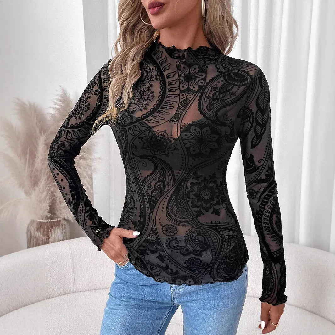 Women Paisley Flocked Printed Mesh Fungus Long Sleeve T-shirt - Gizmo Galaxy