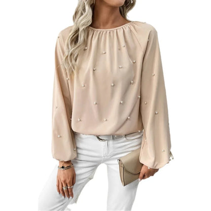European And American Women's Round-neck Beaded Lantern Sleeve Shirt - Gizmo Galaxy