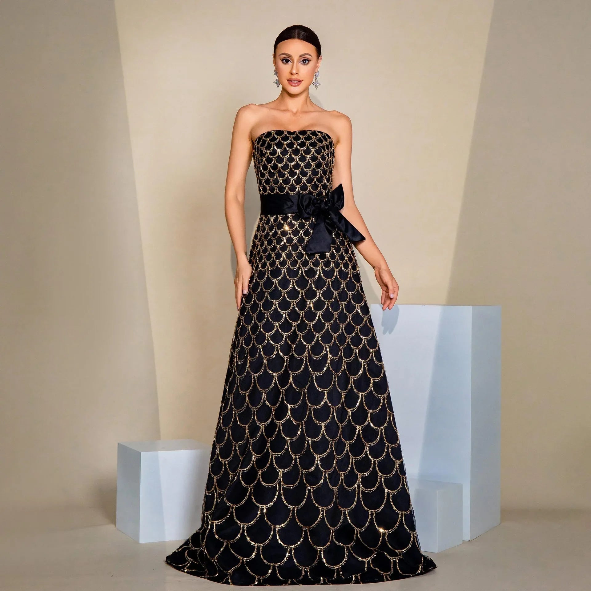 Off-neck Wrapped Chest Nipped-waist Large Swing Sequined Evening Dress - Gizmo Galaxy