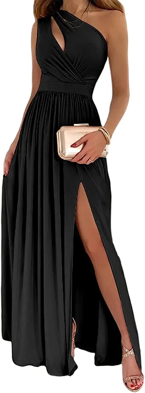 Women's One Shoulder High Split Cutout Sleeveless Elegant Sexy Cocktail Maxi Dress - Gizmo Galaxy